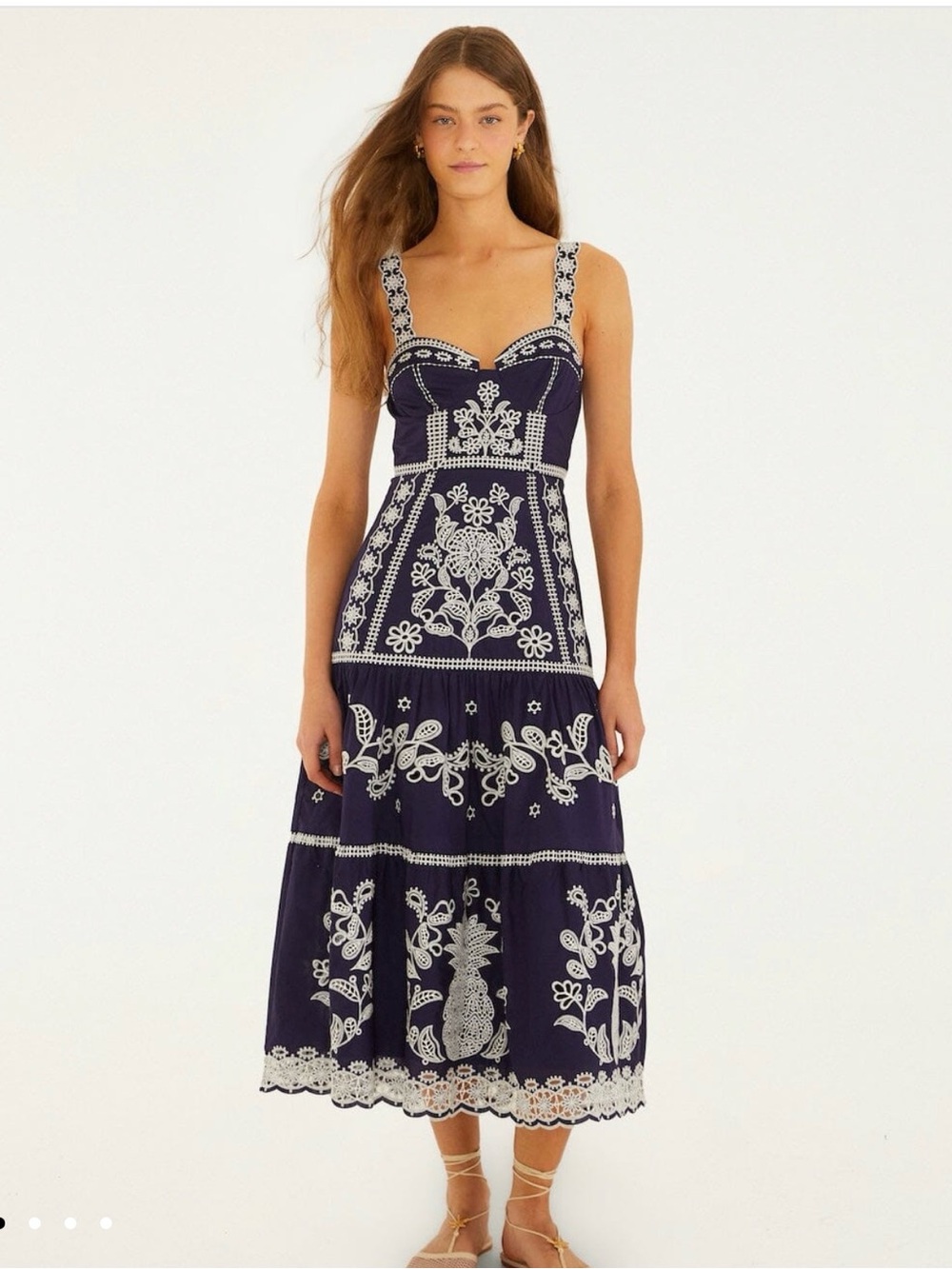 FARM Rio Blue & White Richelieu Embroidered Midi Dress | Size L